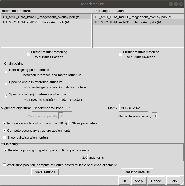 The MatchMaker window has reference structures to the top left and
structures to match on the top right. Then there are a bunch of options
for matching things. The same thing should not be selected for both the
reference and the structure to match.
