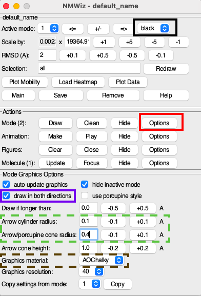 The NMWiz GUI for a loaded NMD in VMD. There are many rows of buttons.