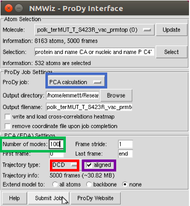 Top block is 'Atom Selection'. The first line is 'Molecule' with a
drop-down to select the PDB. The next line is information. Next is the
selection. The middle block is 'ProDy Job Settings.' The first is ProDy job.
Here, PCA calculation is outlined in blue. Next is the output directory. Next is
the output filename. There are two unchecked boxes, 'write and load
cross-correlations heatmap' and 'remove coordinates file upon job completion.'
The bottom block is 'PCA (EDA) Settings'. 'Number of modes: 100' is outlined in
green. Frame stride is 1, first frame is 0, last frame is end. The next line
contains the trajectory type. DCD is outlined in red, and the aligned box is
checked, outlined in purple. Next is trajectory info. None is selected for
extend model to. At the bottom are help, submit job, and ProDy Website buttons.