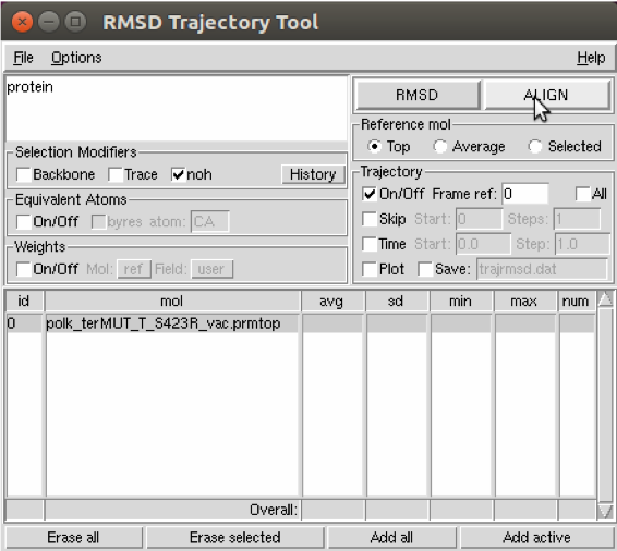 The RMSD trajectory tool. The top left says 'protein'. To the right of
that are two buttons: RMSD and Align. The cursor is over align.