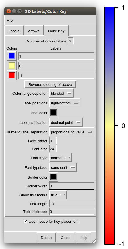 The 2D Labels/Color Key pane. The Color Key tab is selected. The next
line is a box for number of colors or labels. Then the three colors and
their listed values are selected. There are a lot of other options, as well.