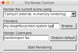 The File Render Controls window. The first option is 'Render the
current scene using:' with Tachyon, internal, in-memory rendering selected.
The next choice is 'Filename', and the name given is
my-delightful-protein-system.tga. Next to this box is a Browse button.
Finally, the 'Render command' is shown.
This is usr slash bin slash open space percent s.
The button next to it is 'Restore Default.'
The 'Start Rendering' button is at the bottom.
