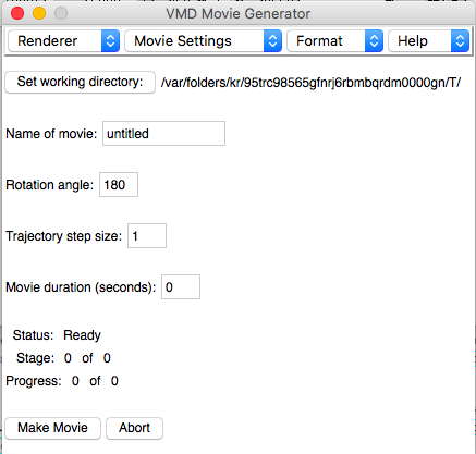 The VMD movie generator window. The top has 4 drop-down menus,
currently listing 'Renderer', 'Movie Settings', 'Format', and 'Help.'
Next is a button with 'Set working directory.' Then 4 boxes can be
filled in; 'name of movie,' 'rotation angle,' 'trajectory step size',
and 'movie duration (status).' Next is progression information. The
status is ready, and stage and progress are both 0 of 0. There are two
buttons at the bottom: 'Make movie' and 'abort.'