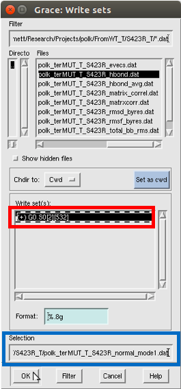 The xmgrace window. The top line is the filter for listing files.
Next is a scroll block with files. What follows is an unchecked box with
'show hidden files.' The next block has change directory to the current
working directory. The next block is 'write sets' and the set of information
is highlighted and outlined in red. Then there is a format box. Next is 
the selection box, outlined in blue. Finally are the buttons 'OK', 'Filter',
'Cancel', and 'Help.'