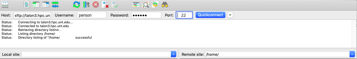 Space for username, password, and port in the Filezilla QuickConnect 
window.