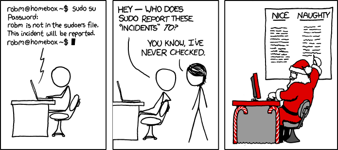 First panel: robm is not
in the sudoers file. The incident will be reported. Panel 2: Rob asks 'Hey--who
does sudo report these incidents to?' Person replies 'You know, I'ver never
checked.' Panel 3: Santa Claus marking someone on the naughty list.