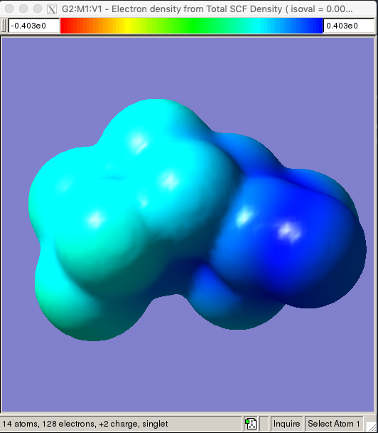 A structure of blobs. The left is teal and the right is dark blue. The
spectral scale goes from red as negative values to dark blue as positive
values.