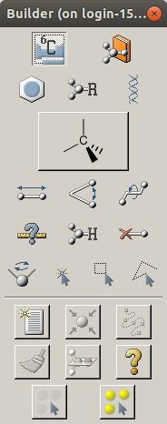 There are a number of icons. The top row has a periodic table and a book.
The next row has a hexagon, an R group, and a helix. The next line is a methane
fragment. The fourth line has a bond length button, an angle button, and a
dihedral button. The fifth line has a question mark, a hydrogen, and a red X.
The sixth line has a rotation, click, box-select, and drag-select. Line seven
has a new page, shrink, and rebond. The eighth line has a paintbrush, plane, and
questionmark. The final line has an arrow with grayed circles and an arrow with
yellow circles.