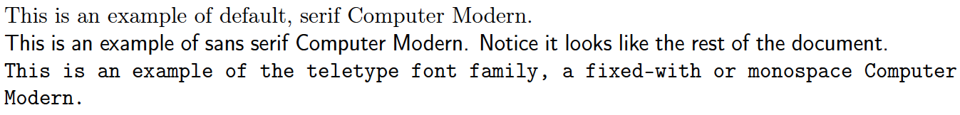 The text in the image is: This is an example of default, serif Computer
Modern. This is an example of sans serif Computer Modern. Notice it looks
like the rest of the document.
This is an example of the teletype font family, a fixed-with or monospace
Computer Modern.