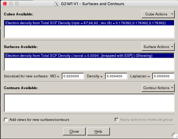 The first block contains the Cubes Available, with the Cube Actions
button to the right. Under this block is Surfaces Available with the Surface
Actions button to the right. There are some boxes below to specify the isovalue
for new surfaces of MO, Density, and Laplacian. The final block is Contours
Available with the Contour Actions to the right.