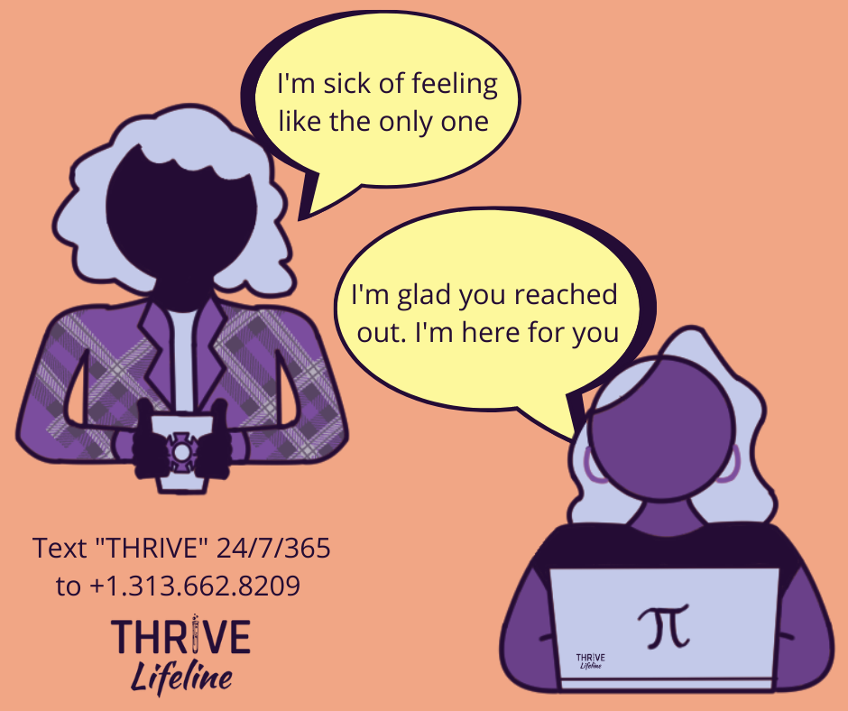 One person is texting on a phone in the top 
left, saying I'm sick of feeling like the only one. Another person is on a 
laptop in the bottom right, saying I'm glad you reached out. I'm here for you. 
Additional text reads text THRIVE 24/7/3655 to +1.313.662.8209 with the THRIVE 
Lifeline logo underneath.